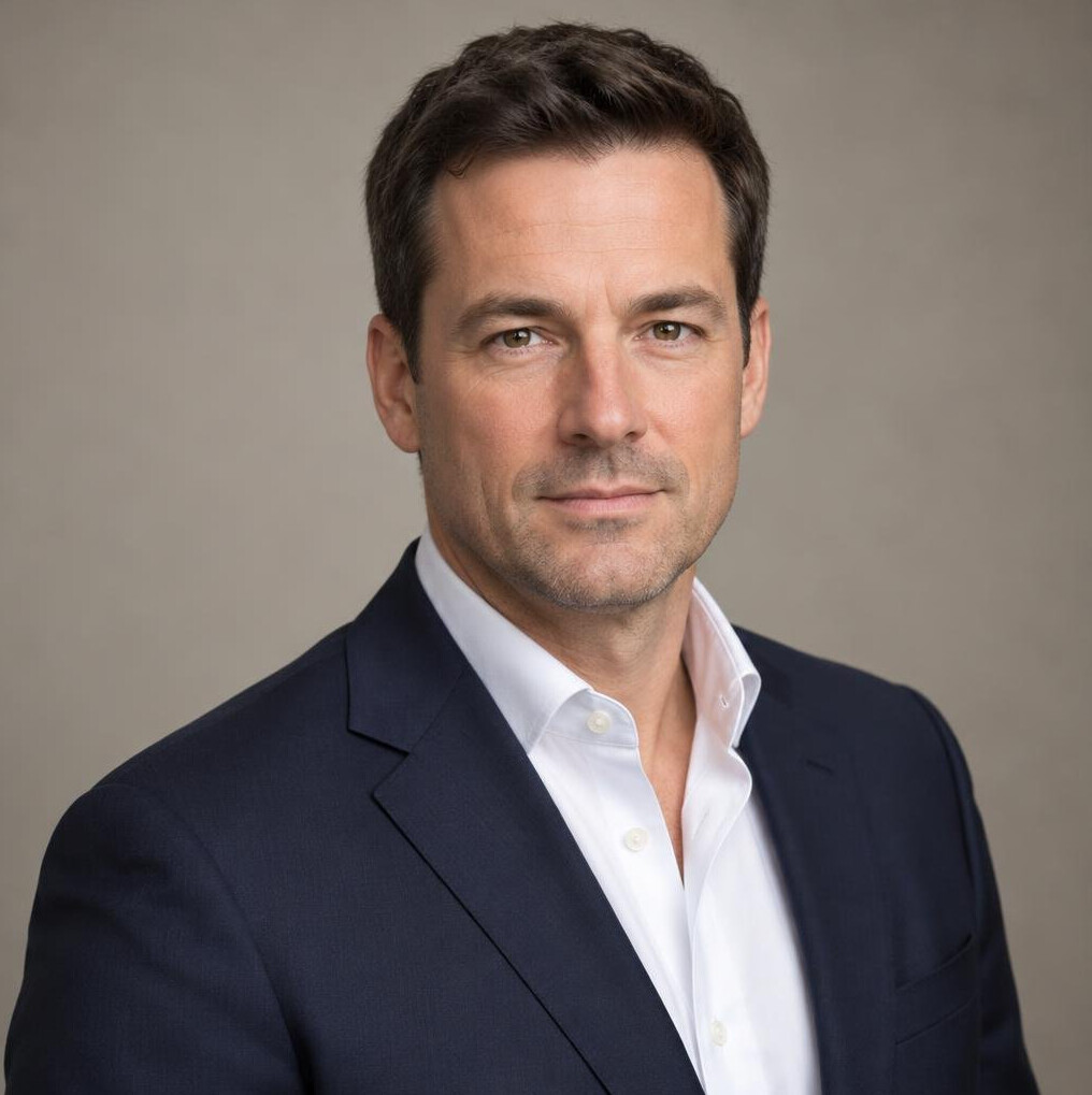 Portrait of a man with short dark hair in a navy suit jacket