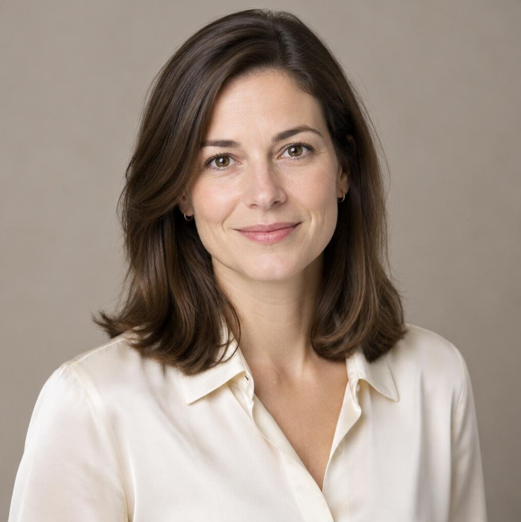 Portrait of a woman with shoulder-length brown hair in a cream blouse