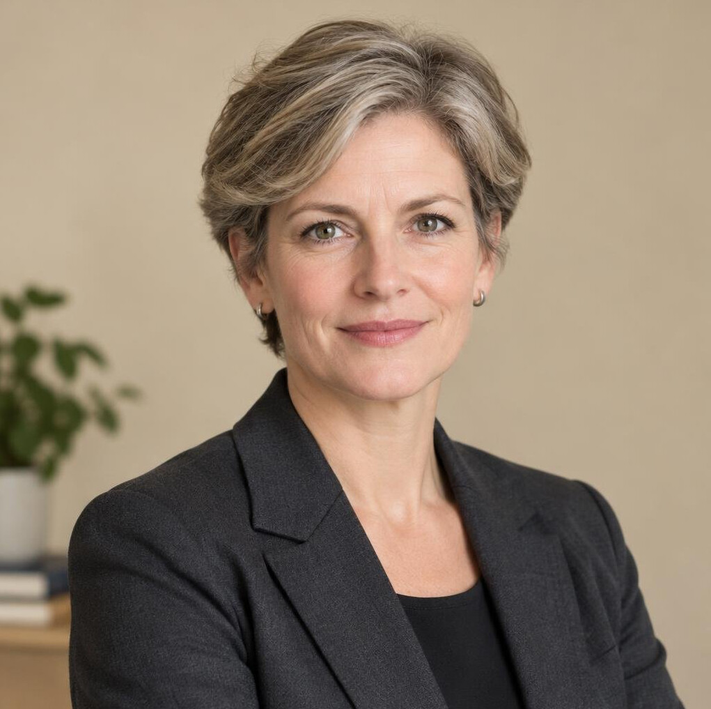 Portrait of a middle-aged woman with short grey hair in a dark blazer