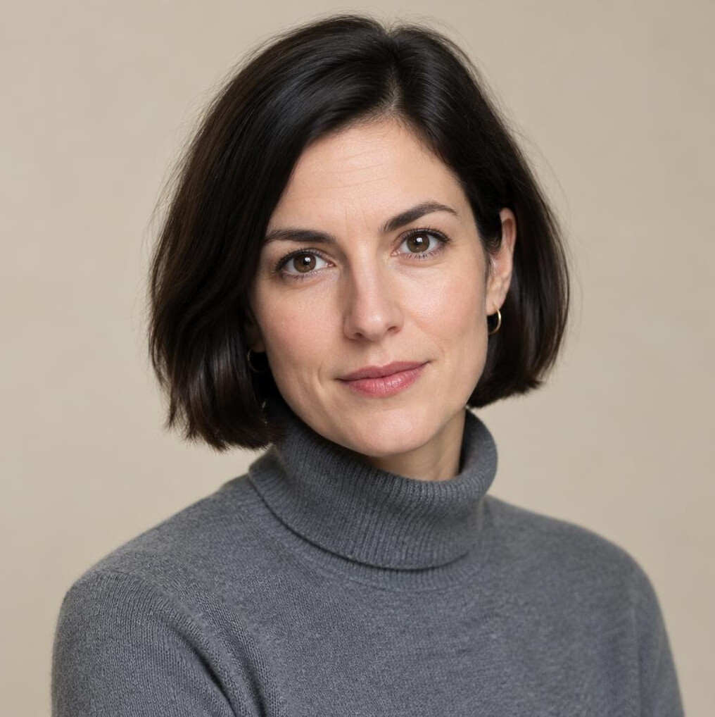 Portrait of a young woman with a dark bob haircut in a grey turtleneck